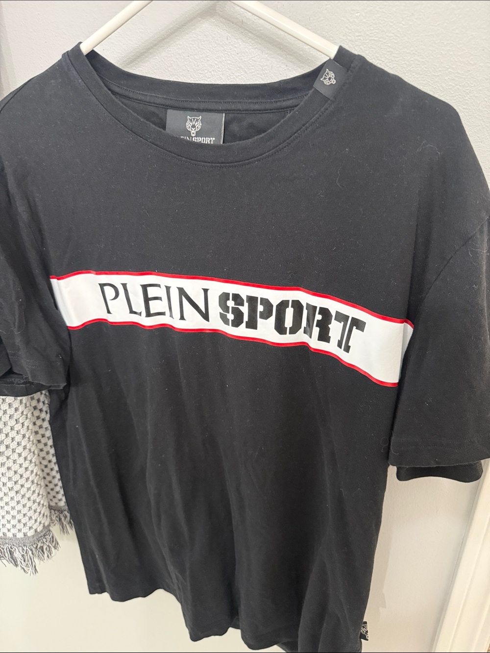 Phillip Plein Sport Black Tee with White and Red Chest Stripe
